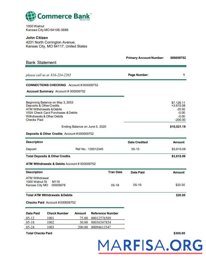 Printable USA Commerce bank proof of address statement word sample